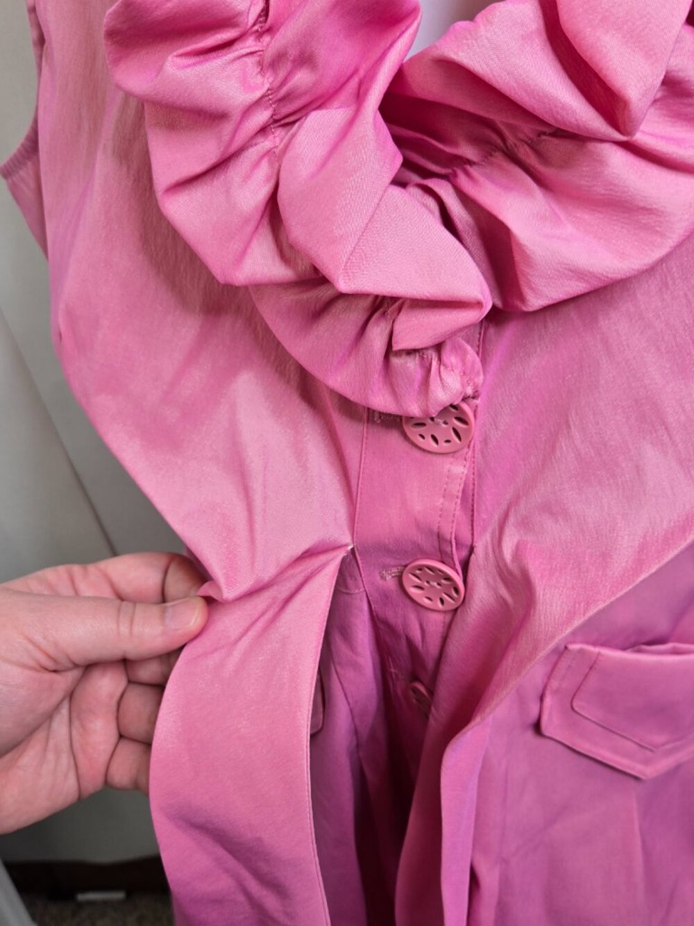 Samuel Dong Dress XL Pink Ruffle Bubble Tie A-line button Sleeveless Bow - Picture 2 of 16